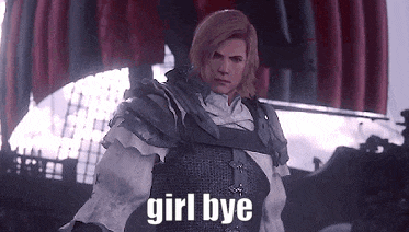 a man in armor is standing in front of a building with the words girl bye written on the bottom .