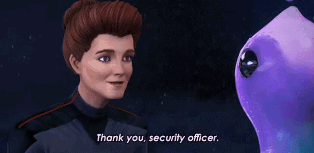 a cartoon character says thank you security officer in front of a purple object