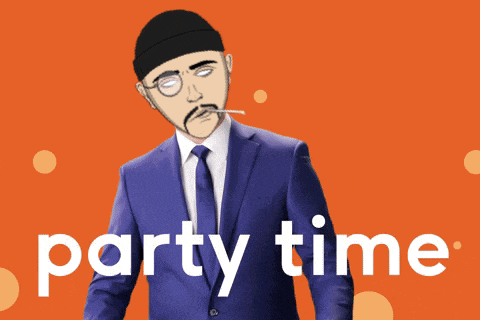 a man in a suit and tie is smoking a cigarette and the words party time are behind him