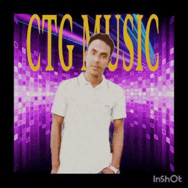 a man in a white shirt is standing in front of a purple background with the words ctg music on it