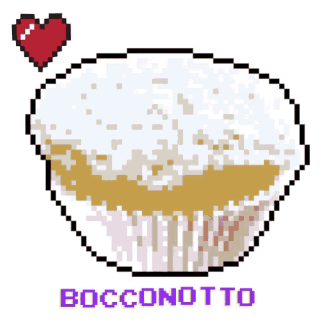 a pixel art drawing of a cupcake with the words boccannotto written below it