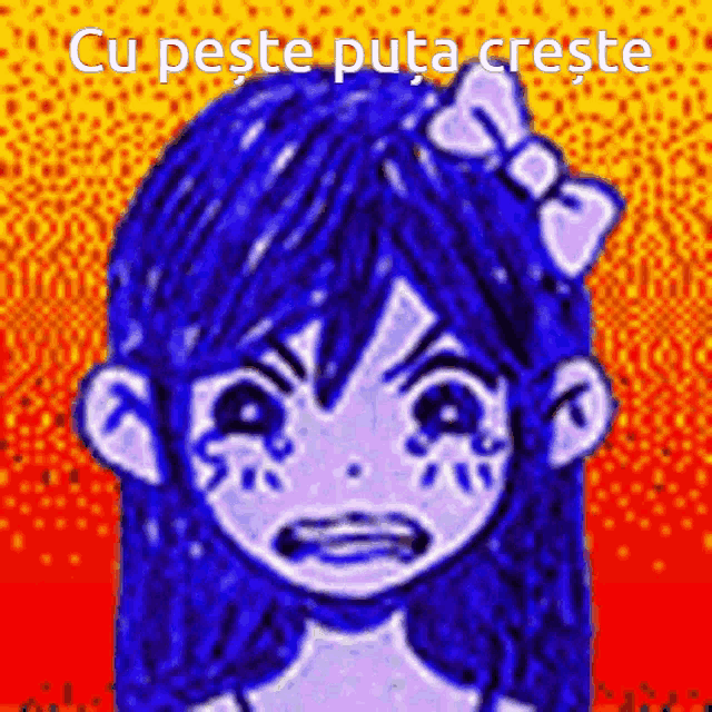 a drawing of a girl with blue hair and the words cu peste puta creste in white letters