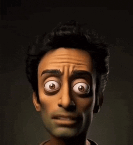 a close up of a man 's face with big eyes and a cartoon character 's face .