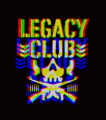 a colorful legacy club logo with a skull and guns