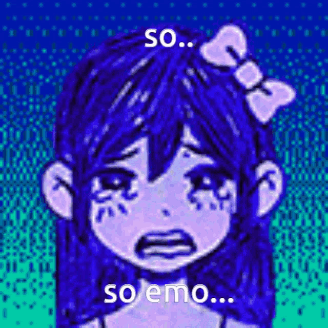 a cartoon of a girl with blue hair and a bow in her hair .
