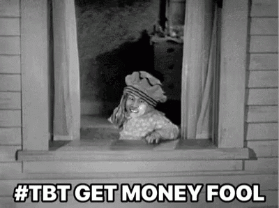 a little girl is peeking out of a window with the words `` tbt get money fool '' .