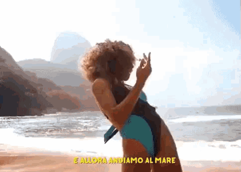a woman in a swimsuit is standing on a beach with the words e allora anuiamo al mare written above her