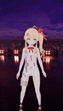 a girl with blonde hair is standing in front of a city
