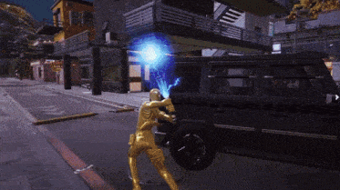 a man in a gold suit is standing next to a black suv