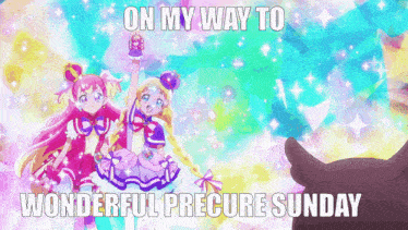 on my way to wonderful precure sunday with a hand reaching out
