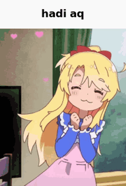 a cartoon girl with blonde hair and a blue shirt is sitting in a room with her eyes closed and the words hadi aq above her