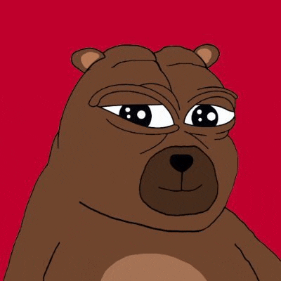 a cartoon bear with big eyes is sitting on a red background .