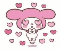 a pink cartoon character with hearts in her eyes and hearts around her .