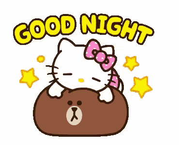 hello kitty is laying on top of a brown bear and saying good night .