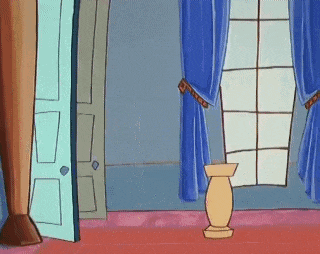 a cartoon drawing of a room with a vase in the middle of it .