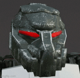 a close up of a robot 's head with red eyes