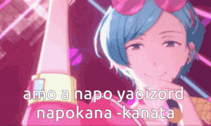 a cartoon character with blue hair is wearing pink sunglasses and a pink shirt .