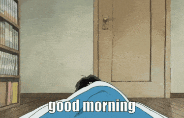 a cartoon of a person laying under a blanket with the words good morning written on the bottom
