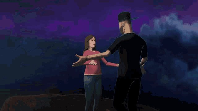 a cartoon drawing of a man giving a woman a red rose