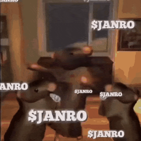 a group of mice are dancing in a living room with the words $ janro written on the wall .