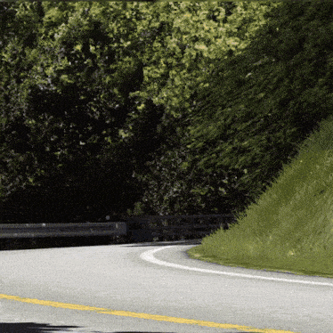 a curve in a road with trees on the side of it