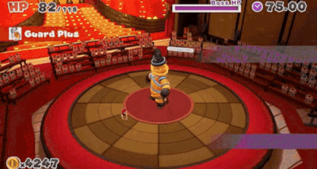 a screenshot of a video game shows a character with a purple hp bar