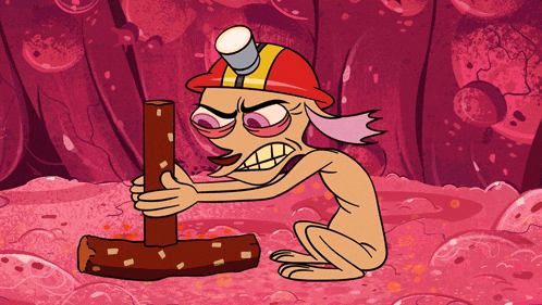 a cartoon character wearing a hard hat is holding a log in his hands