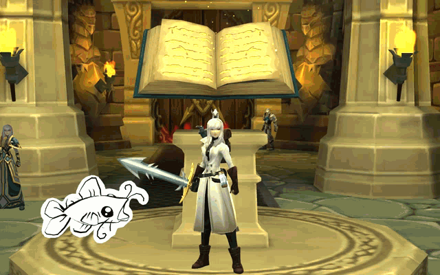 a woman in a white coat stands in front of a large book
