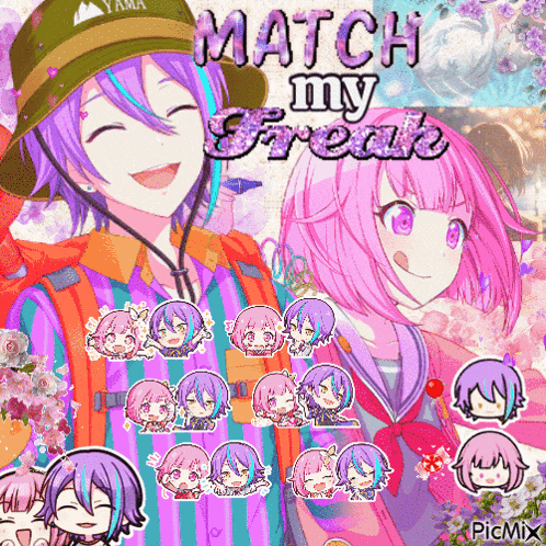 a couple of anime characters standing next to each other with the words match my freak on top