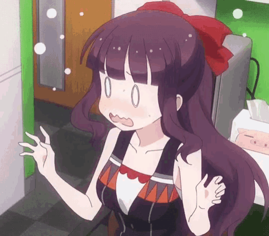 a girl with purple hair and a red bow on her head is making a surprised face