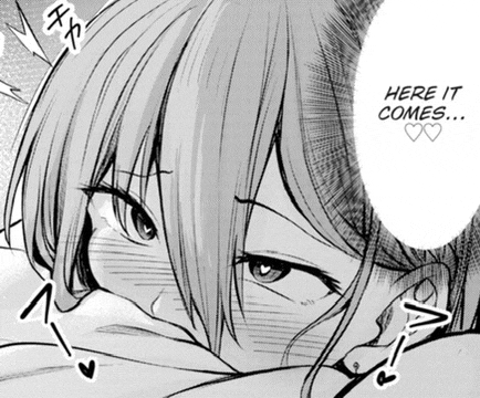 a black and white drawing of a girl with a speech bubble that says here it comes .