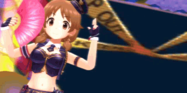 a girl in a police uniform is holding a fan in front of a police tape .