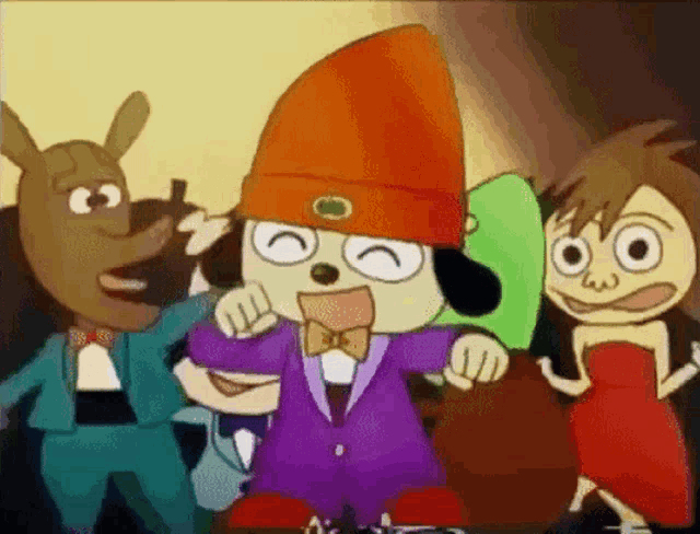 a group of cartoon characters including a dog wearing a purple tuxedo