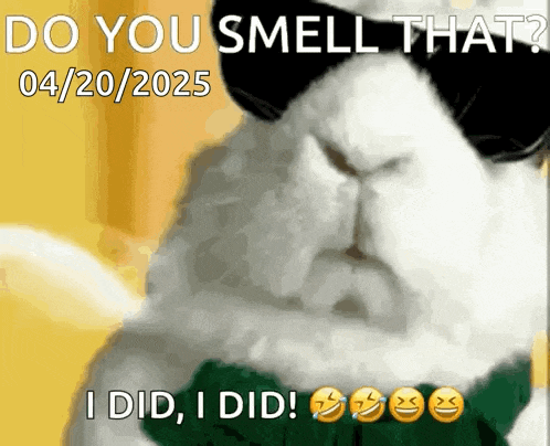 a white cat wearing sunglasses and a green tie says do you smell that 04/20/25 i did i did !