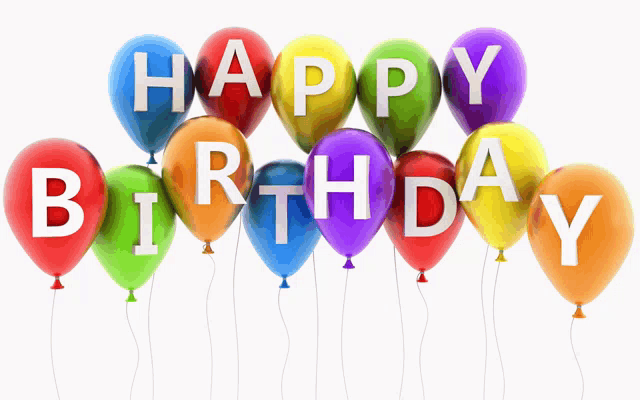 a bunch of colorful balloons with happy birthday written on them