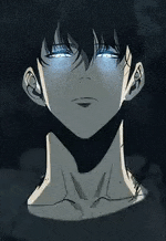 a close up of a person 's face with blue eyes and glowing eyes .