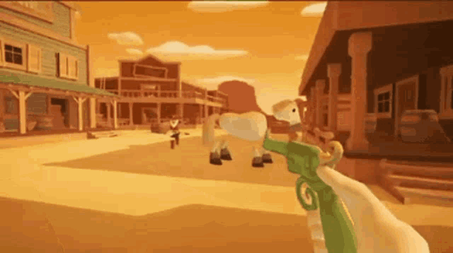 a person is holding a gun in a video game in a western town