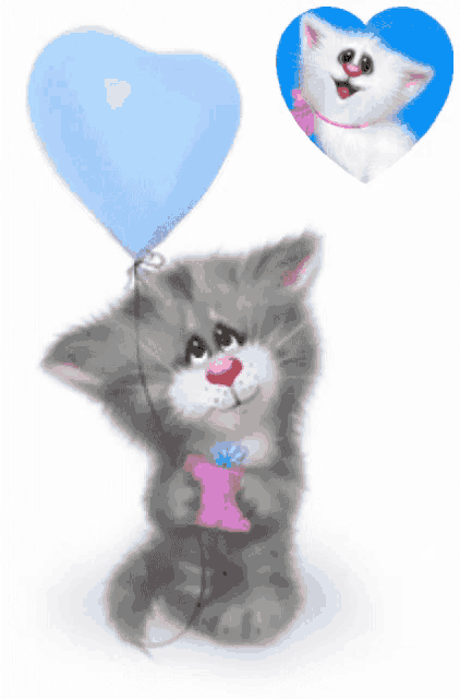 a kitten holding a blue heart shaped balloon with a picture of a kitten behind it