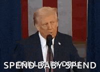 donald trump is giving a speech in front of an american flag and says spend baby spend .