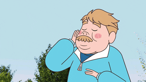 a cartoon drawing of a man with a mustache wearing a blue sweater