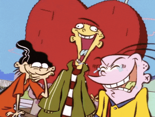 three cartoon characters standing next to each other with one having a heart shaped head