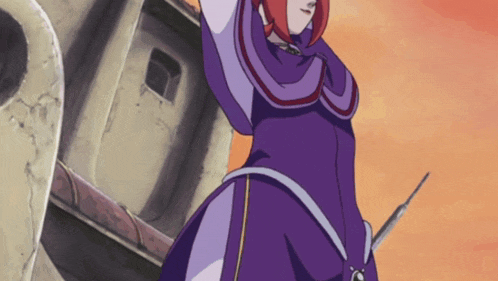 a woman in a purple dress holds a sword