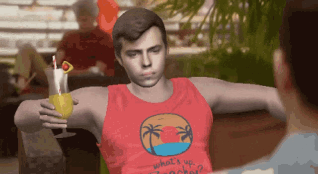 a man wearing a red tank top that says what 's up beacher
