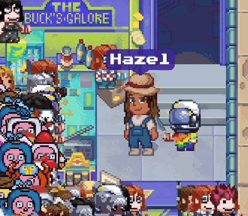 a cartoon character named hazel is standing in front of a store called the buck 's galore
