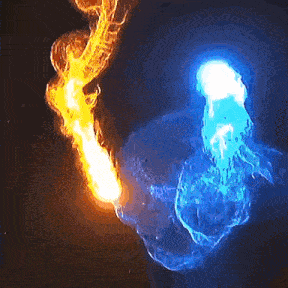 a painting of a fire and water coming together in a dark room