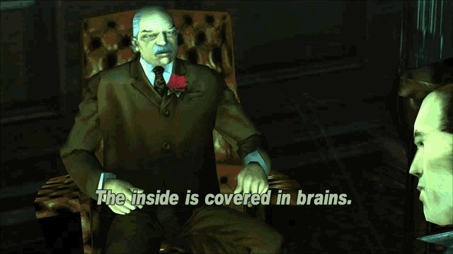 a man in a suit sits in a chair with the words the inside is covered in brains