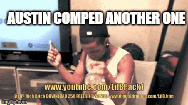 a man is sitting in front of a tv with a caption that says " austin comped another one "