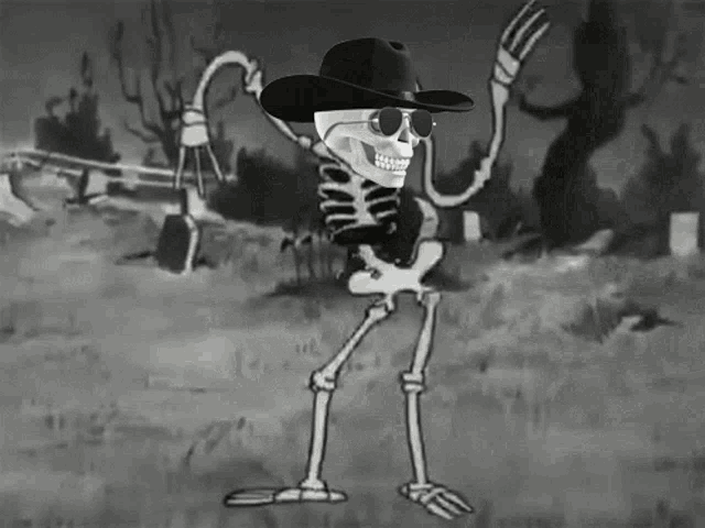 a skeleton wearing a cowboy hat and sunglasses is dancing in a cemetery