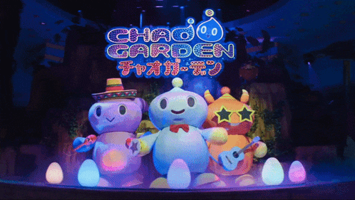 three stuffed animals are standing in front of a sign that says " chaos garden "