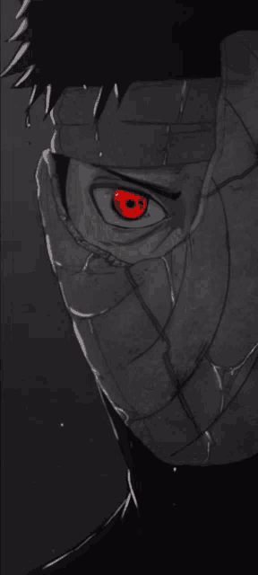 a black and white drawing of a man with a red eye